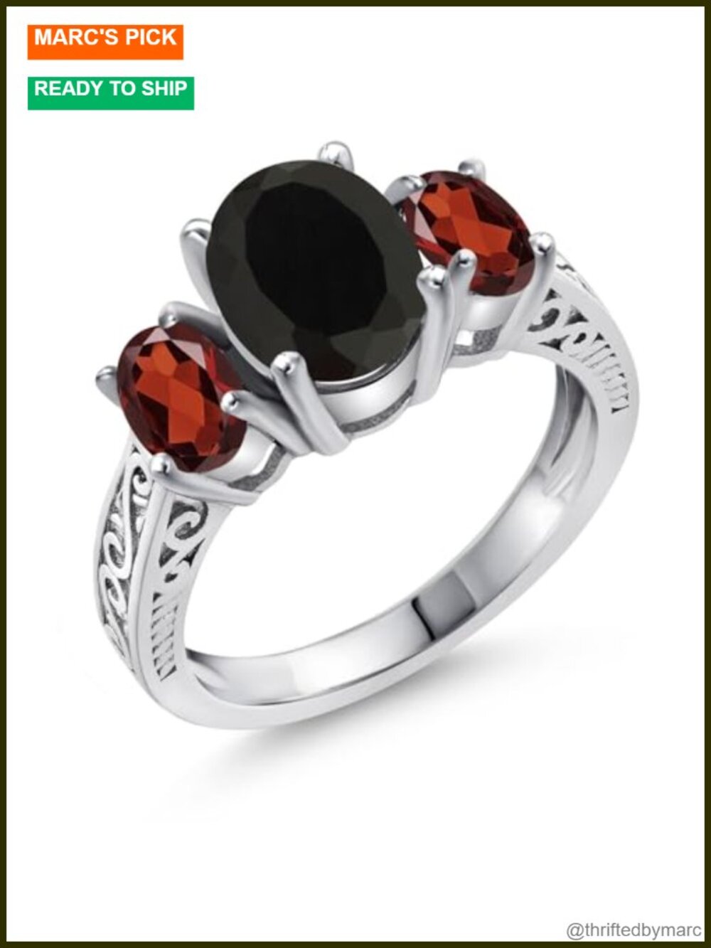 Sterling Silver 2.73 Cttw Onyx & Garnet 3 Stone Ring